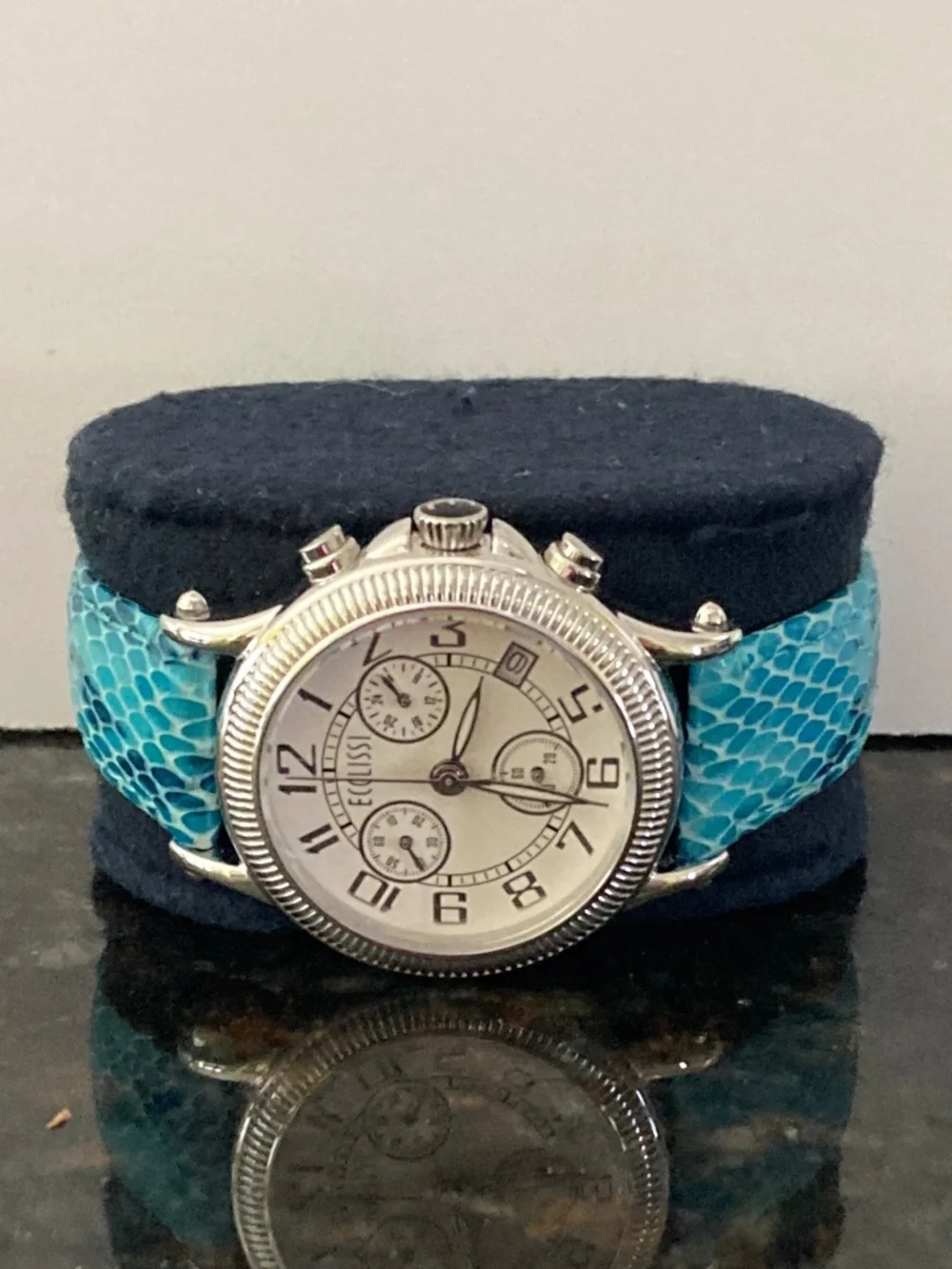 Ecclissi Sterling Multi-Function Chronograph Watch/Snakeskin Embossed Straps/NIB